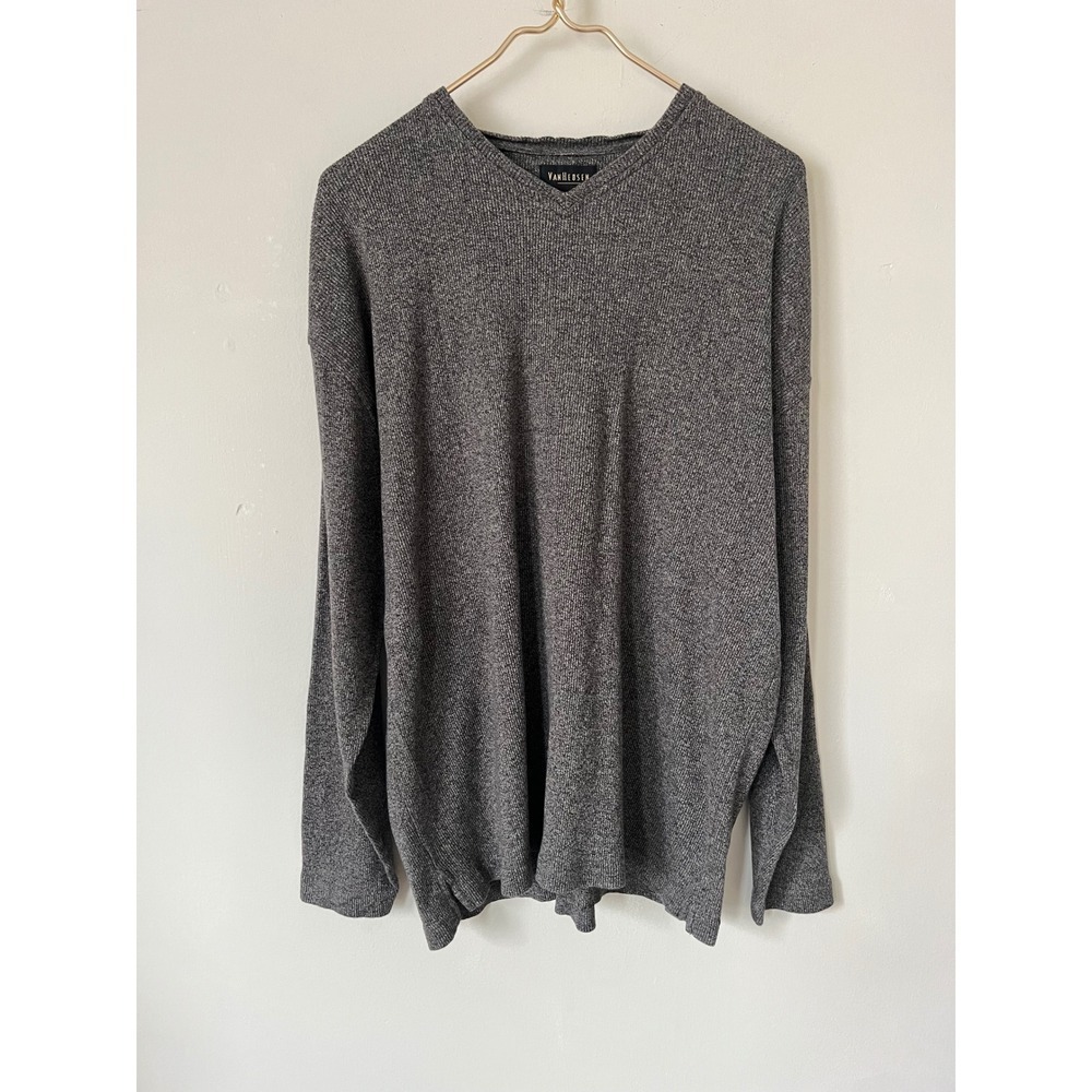 Van Heusen Charcoal Gray V-Neck Ribbed Knit Sweater Pullover Top Size L Cotton